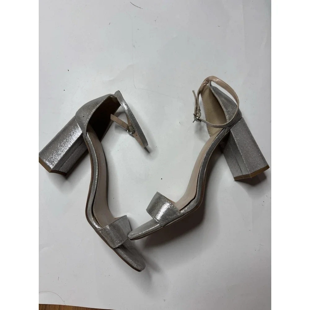 Kelly And Kate Glitter Silver Block Heel Ankle Strap Heels Women's 9M Going Out